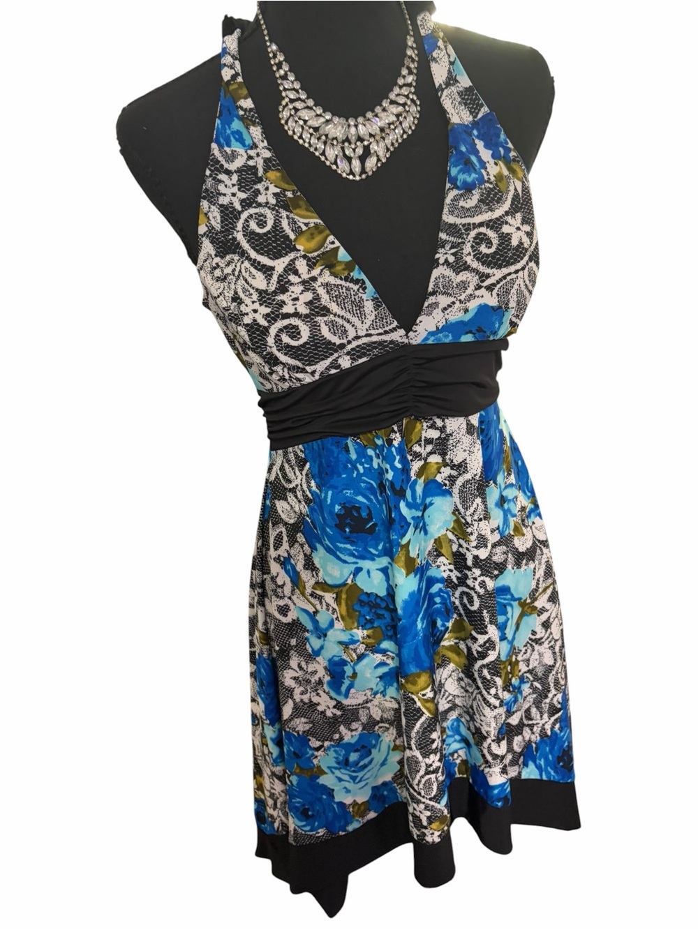 Blue Floral Halter Fit & Flare Dress | Women's Size M